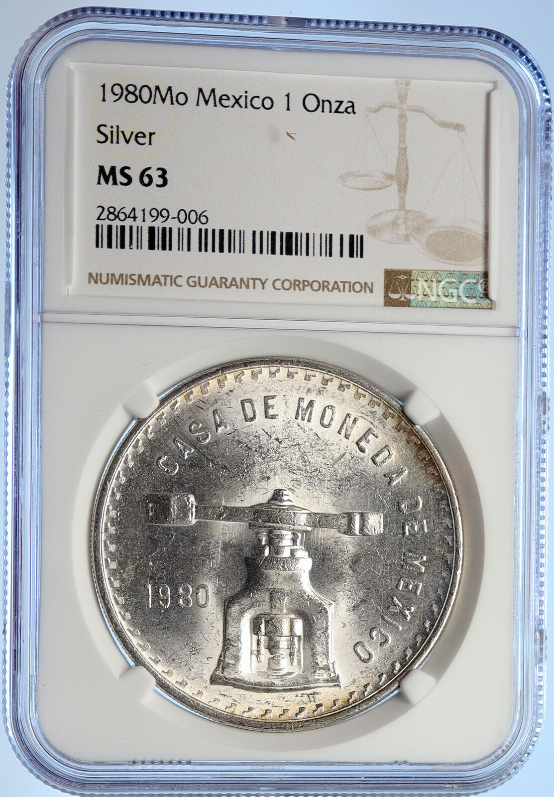 1980 MEXICO Huge Medallic SILVER Onza Mexican OLD COIN PRESS Scales NGC i106599