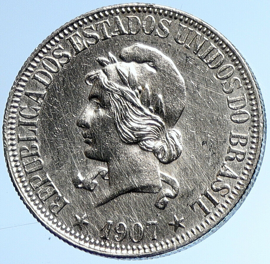 1907 BRAZIL w LIBERTY & CAP Silver OLD ANTIQUE 1000 Reis Brazilian Coin i107914