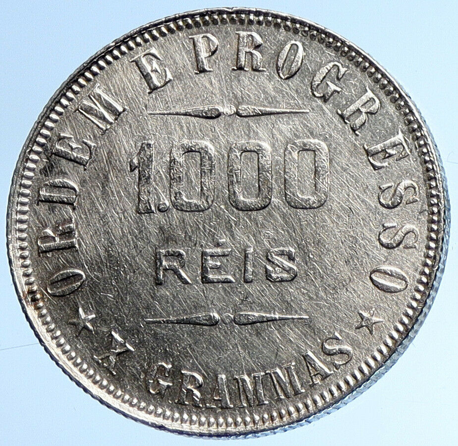 1907 BRAZIL w LIBERTY & CAP Silver OLD ANTIQUE 1000 Reis Brazilian Coin i107914