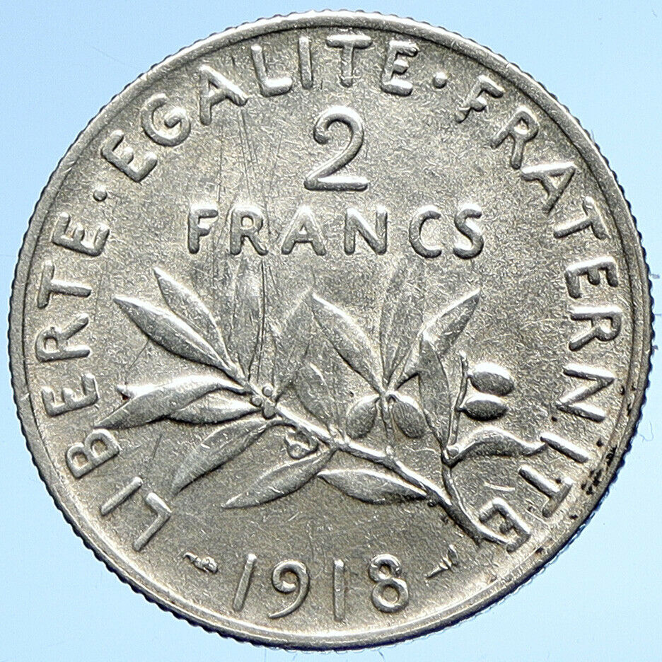 1918 FRANCE w La Semeuse Sower Woman Antique Silver 2 Francs French Coin i107898