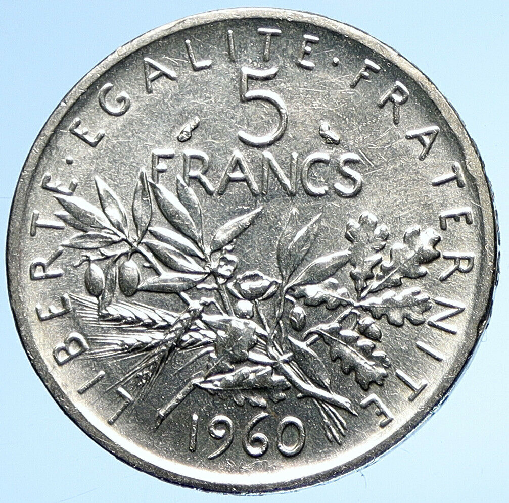 1960 FRANCE French LARGE w La Semeuse SOWER WOMAN Silver 5 Francs Coin i107895