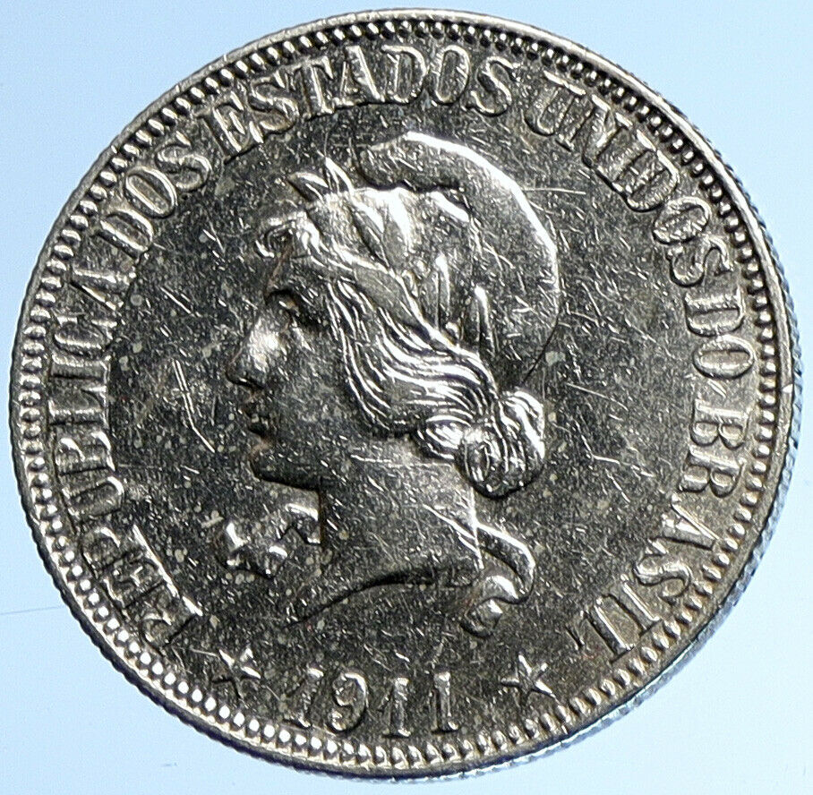 1911 BRAZIL Genuine LIBERTY with CAP Brazilian OLD Silver 1000 Reis Coin i107915