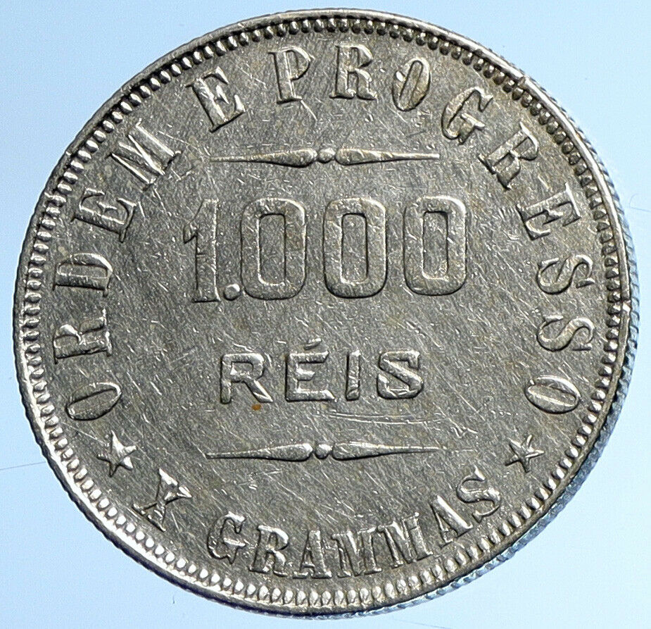 1911 BRAZIL Genuine LIBERTY with CAP Brazilian OLD Silver 1000 Reis Coin i107915