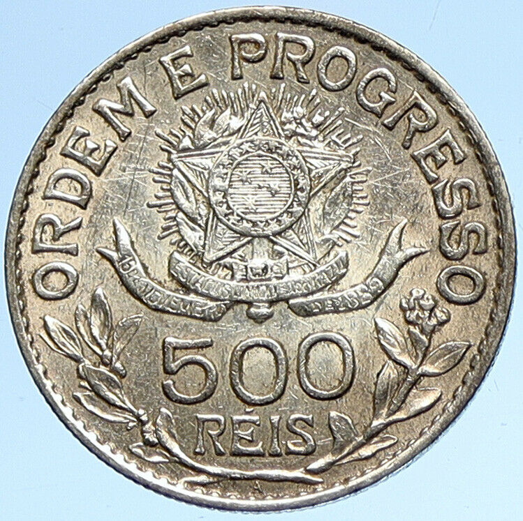 1913 A BRAZIL Brazilian Coat-Of-Arms OLD LIBERTY Silver 500 Reis Coin i107910