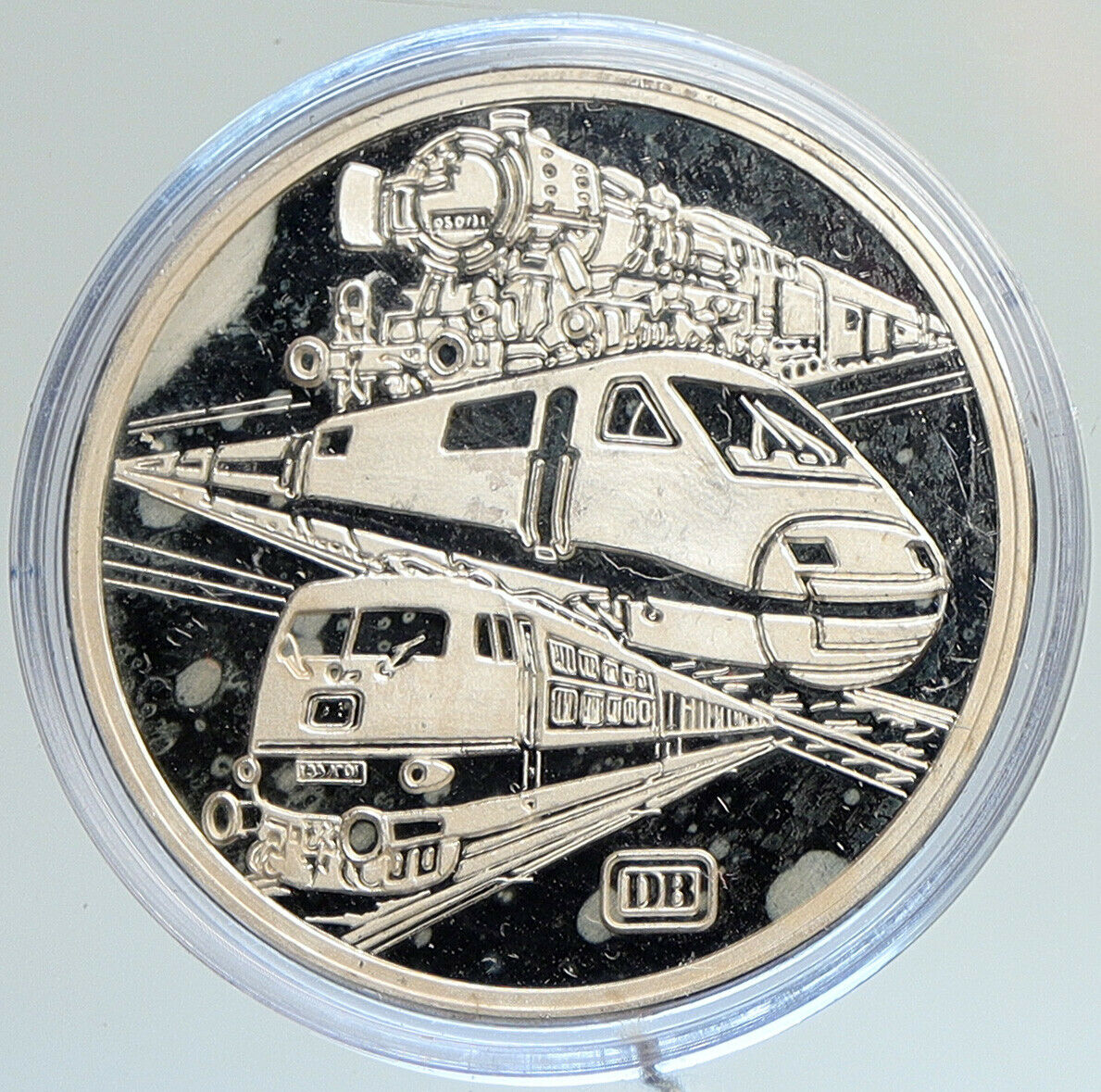 1985 GERMANY 150 Years DEUTSCHE BAHN 3 Trains Proof Silver German Medal i107934