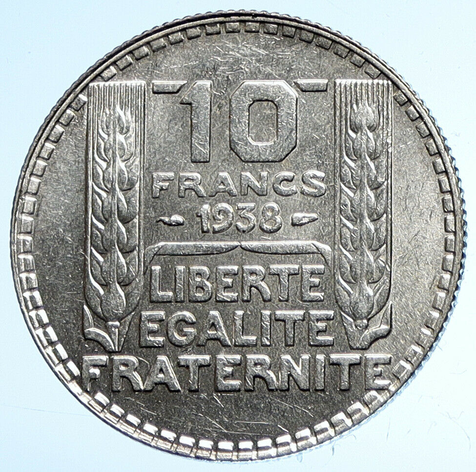 1938 FRANCE Marianne FRENCH MOTTO Antique VINTAGE Silver 10 Francs Coin i107851