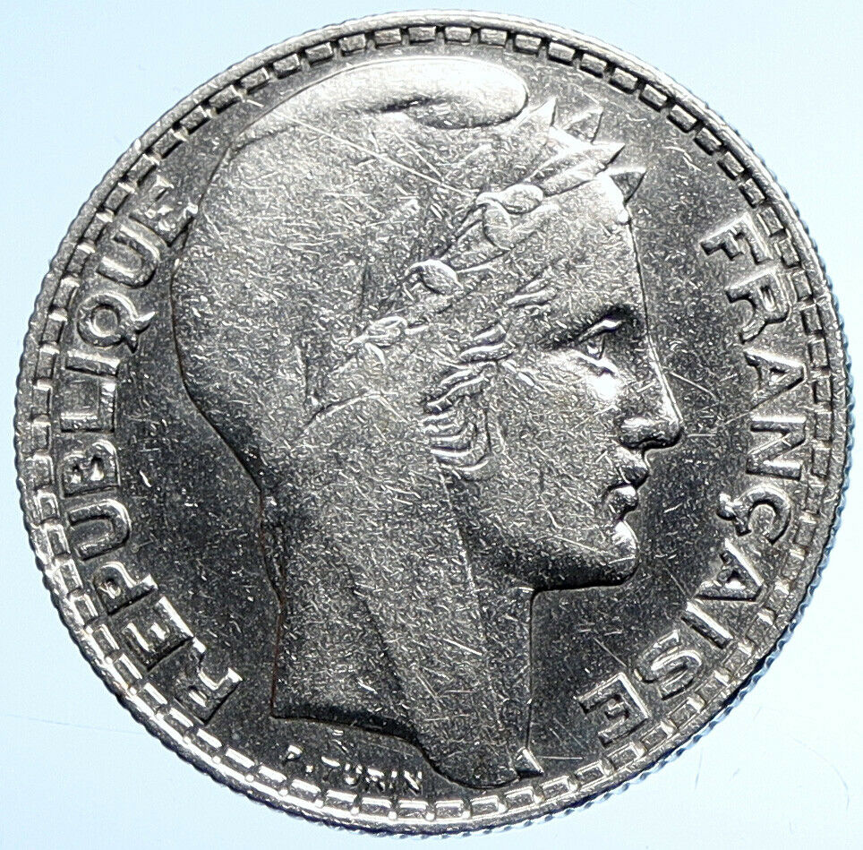 1932 FRANCE w Marianne FRENCH MOTTO Old VINTAGE Silver 10 Francs Coin i107856