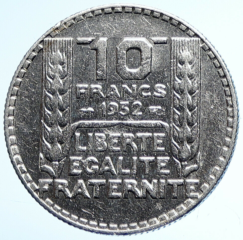 1932 FRANCE w Marianne FRENCH MOTTO Old VINTAGE Silver 10 Francs Coin i107856