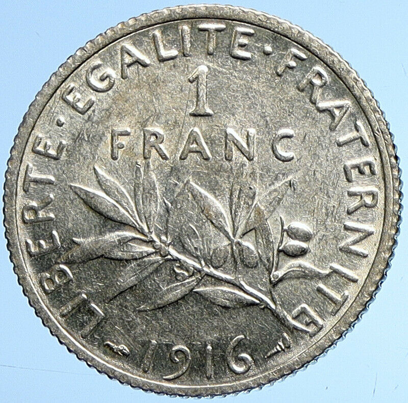 1916 FRANCE La Semeuse Sower Woman ANTIQUE Silver 1 Franc French Coin i107868