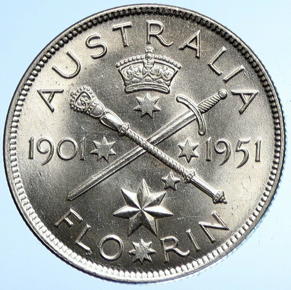 1951 AUSTRALIA King George VI 50th Anniv LARGE OLD Silver Florin Coin i107870