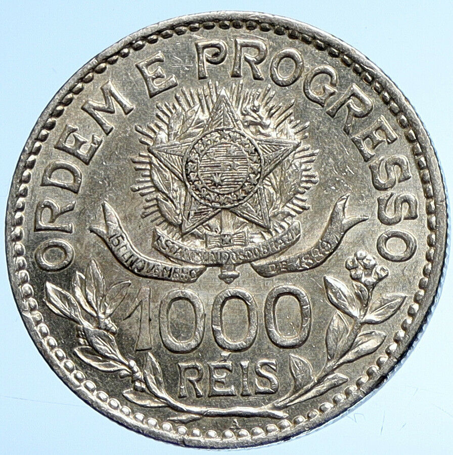 1913 A BRAZIL Stars and LIBERTY Silver Genuine 1000 Reis Brazilian Coin i107859