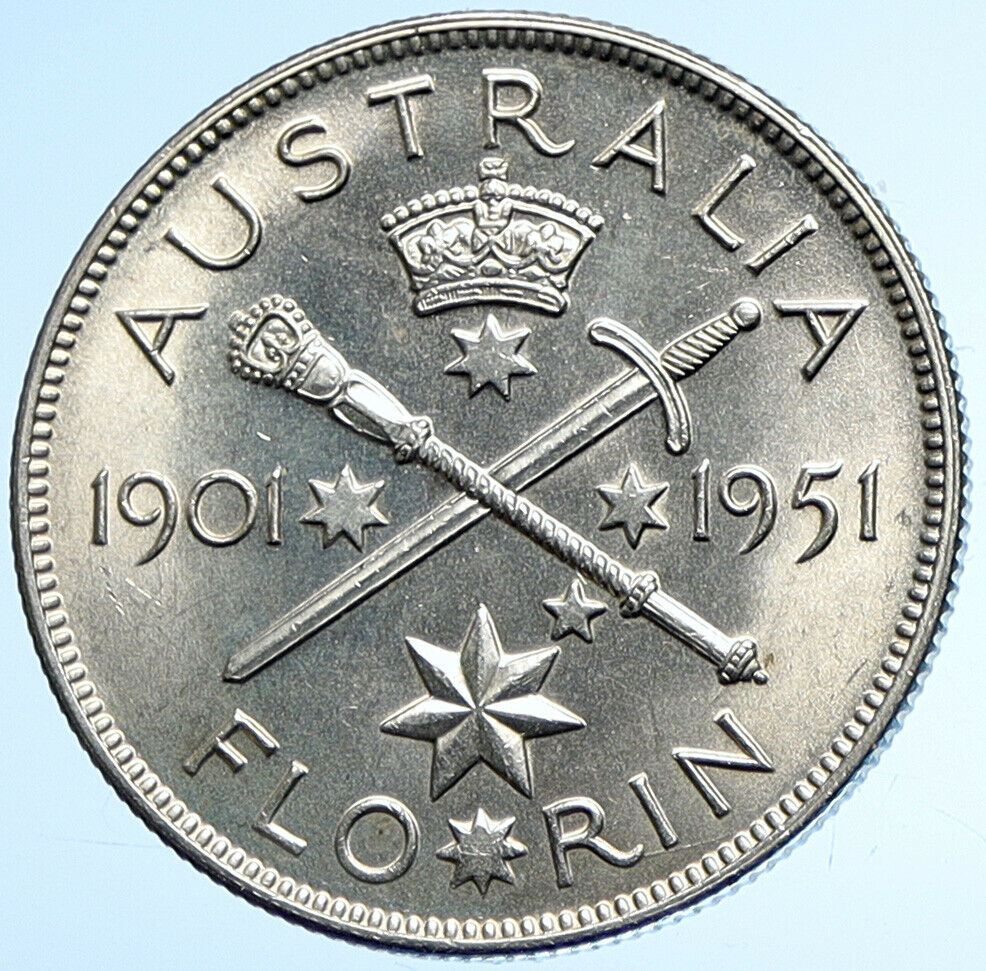 1951 AUSTRALIA King George VI 50th Anniv LARGE OLD Silver Florin Coin i107871