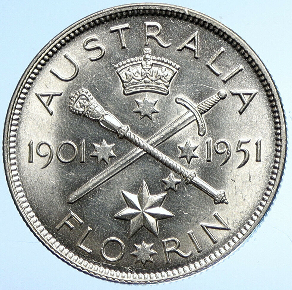 1951 AUSTRALIA King George VI 50th Anniv LARGE OLD Silver Florin Coin i107872