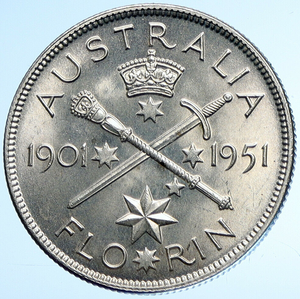 1951 AUSTRALIA King George VI 50th Anniv LARGE OLD Silver Florin Coin i107869