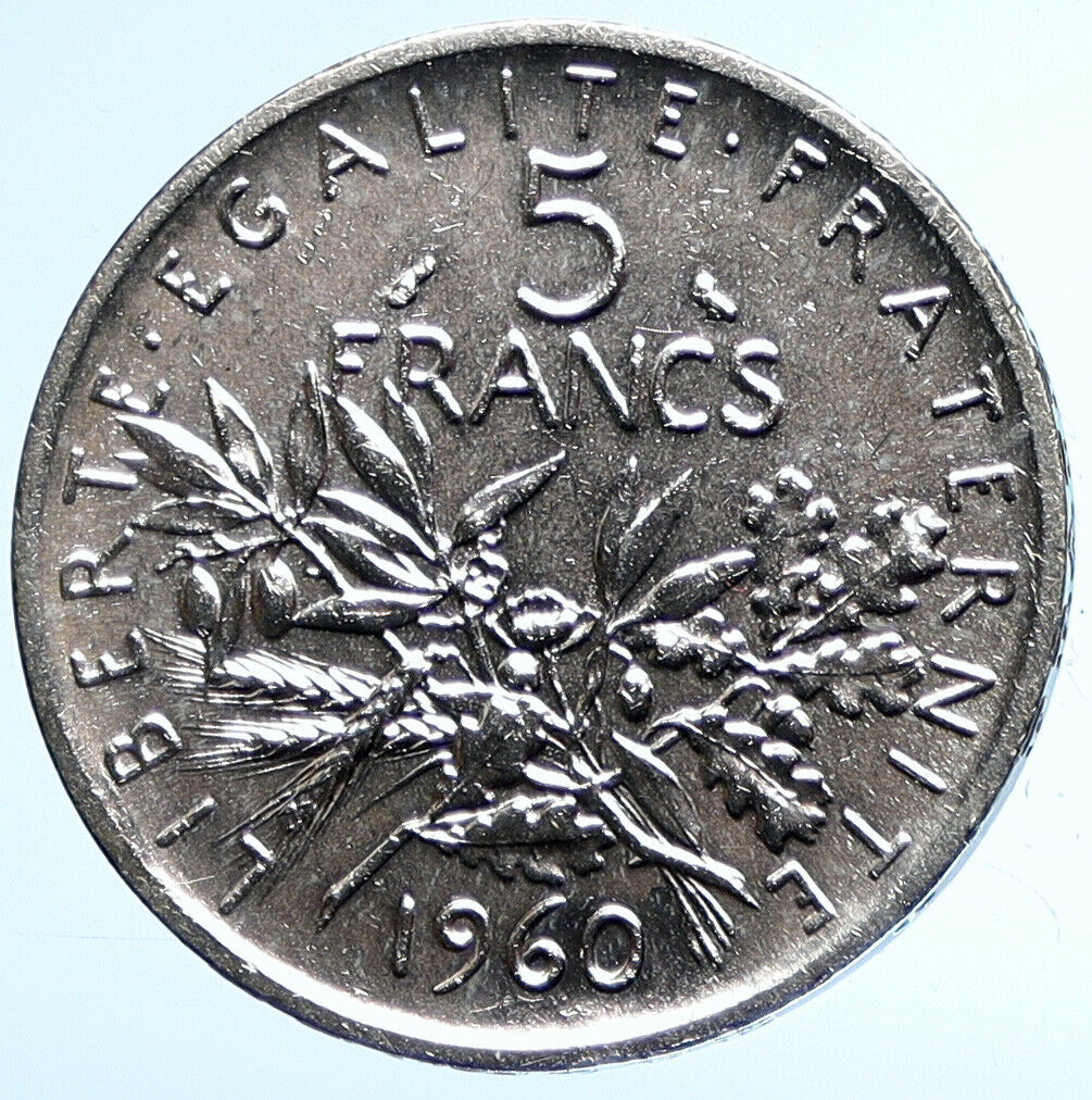 1960 FRANCE French LARGE w La Semeuse SOWER WOMAN Silver 5 Francs Coin i107852