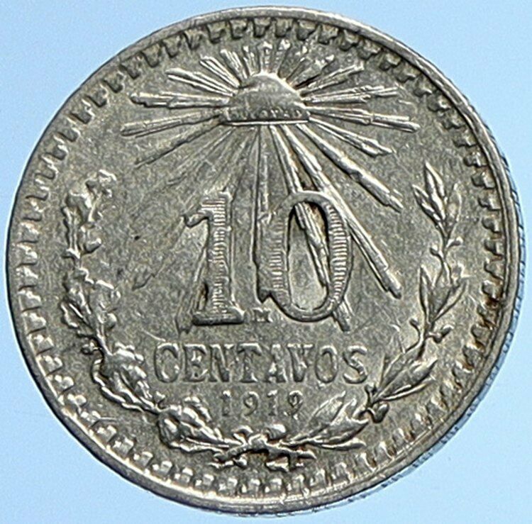 1919 M MEXICO Eagle Wreath ANTIQUE OLD Mexican Silver 10 Centavos Coin i107866