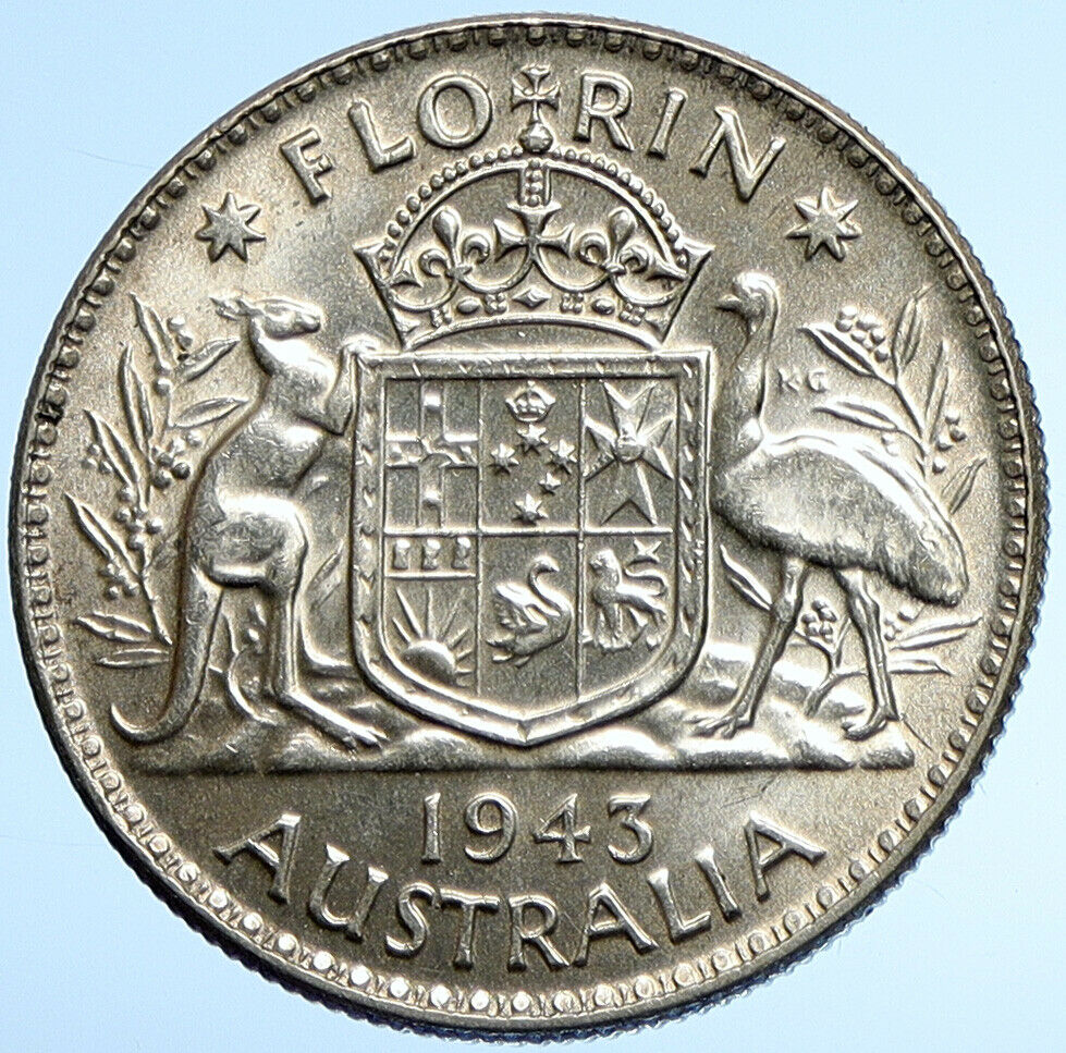 1943 AUSTRALIA Large King George VI Kangaroos OLD Silver Florin Coin i107877