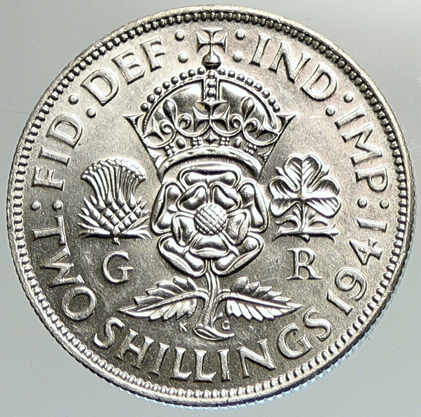 1941 United Kingdom Great Britain GEORGE VI Crowned Silver Florin Coin i107945