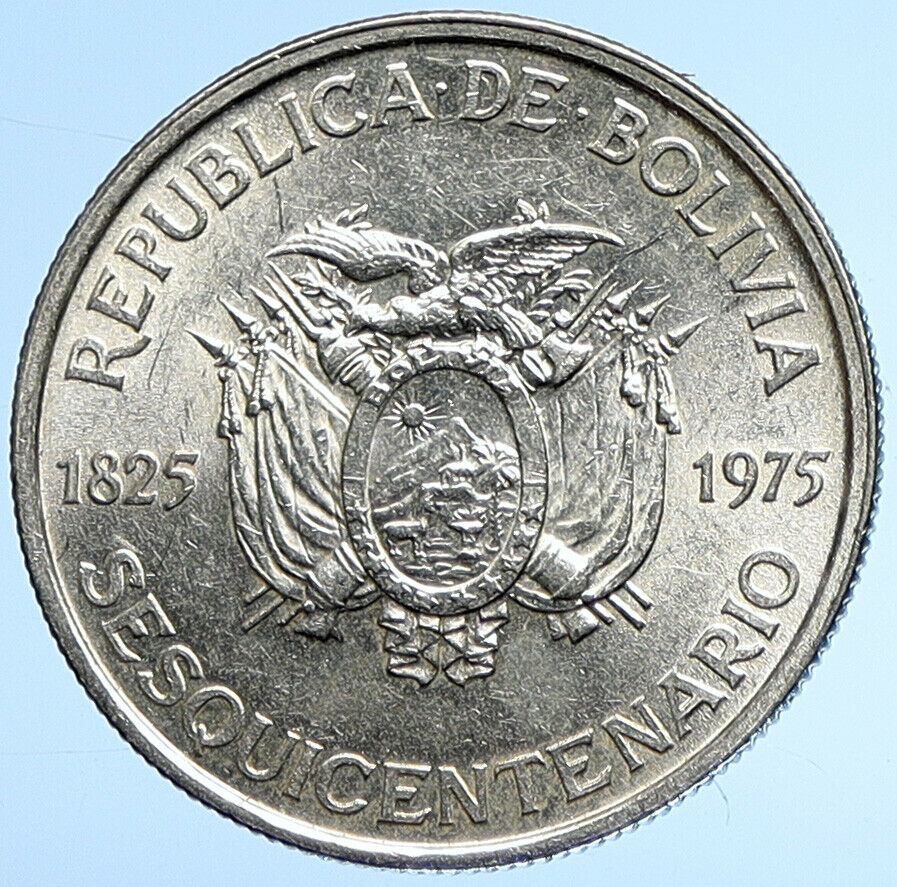 1975 BOLIVIA 150 Yrs INDEPENDENCE Bolivar & Banzer Silver 100 Pesos Coin i107879