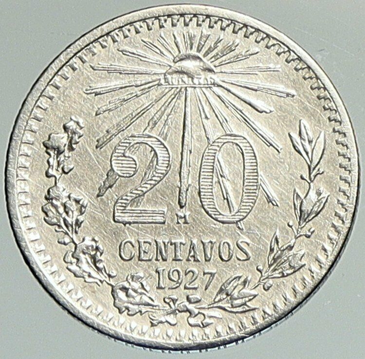 1927 MEXICO Pythagorian Cap of LIBERTY Antique 20 Centavos Silver Coin i107947