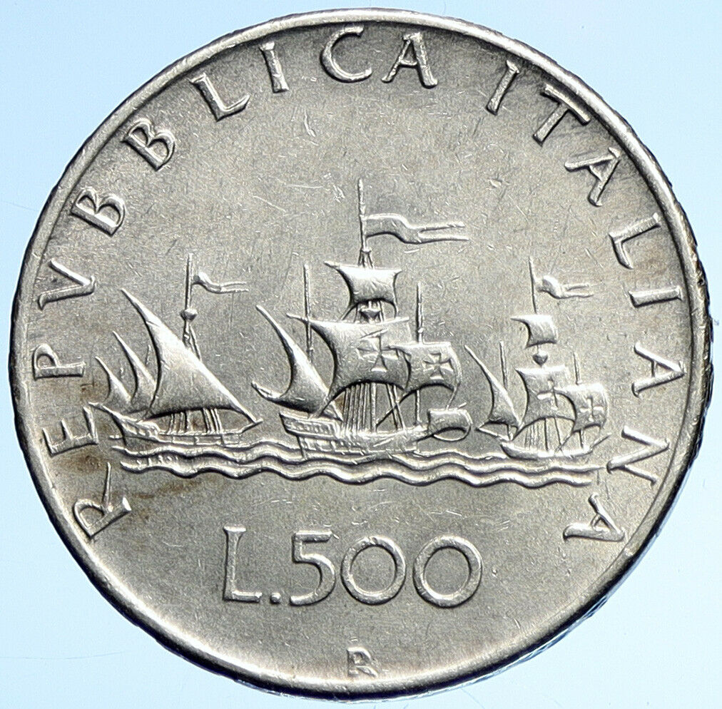 1960 ITALY CHRISTOPHER COLUMBUS Ship DISCOVER America SILVER 500 LR Coin i107885