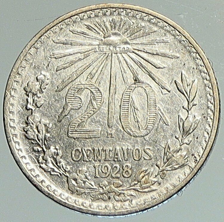 1928 MEXICO Pythagorian Cap of LIBERTY Antique 20 Centavos Silver Coin i107946