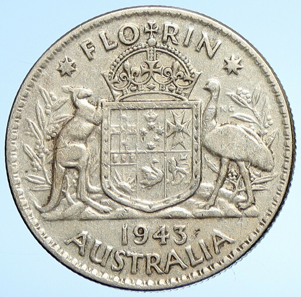 1943 AUSTRALIA Large King George VI Kangaroos OLD Silver Florin Coin i107875