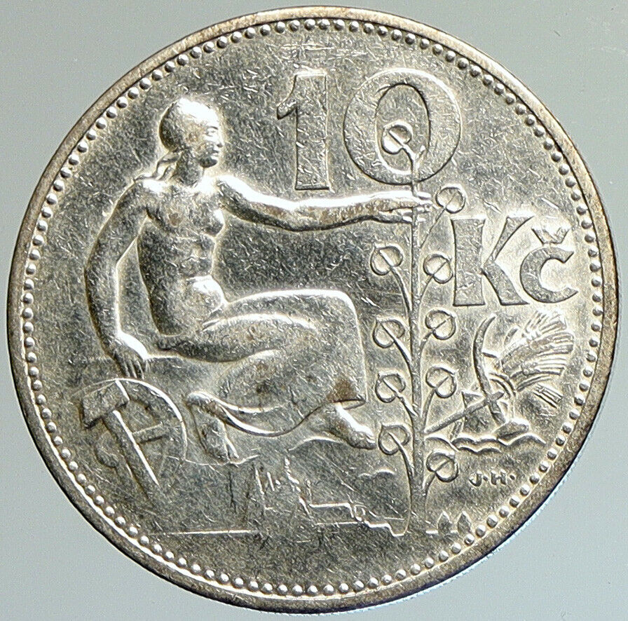 1931 CZECH REPUBLIC Woman & Lime TREE Old VINTAGE Silver 10 Korun Coin i107952