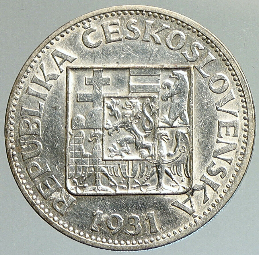 1931 CZECH REPUBLIC Woman & Lime TREE Old VINTAGE Silver 10 Korun Coin i107952