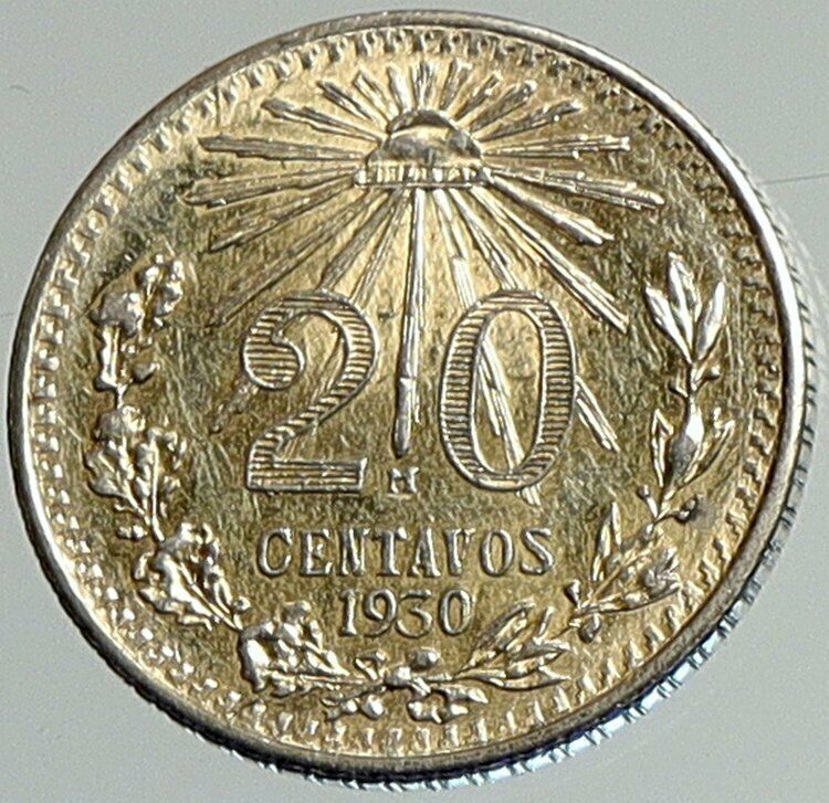 1930 MEXICO Pythagorian Cap of LIBERTY Antique 20 Centavos Silver Coin i107948