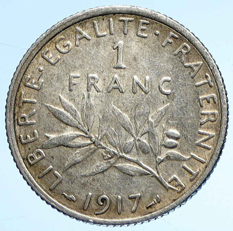 1917 FRANCE La Semeuse Sower Woman ANTIQUE Silver 1 Franc French Coin i107891