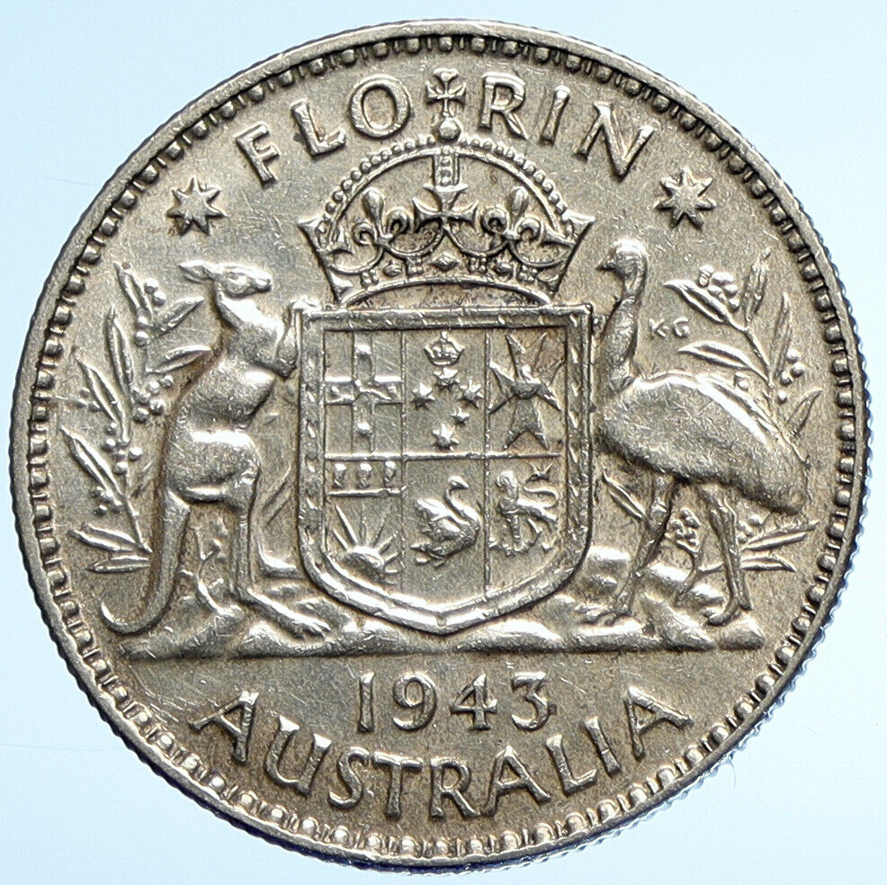 1943 AUSTRALIA Large King George VI Kangaroos OLD Silver Florin Coin i107876