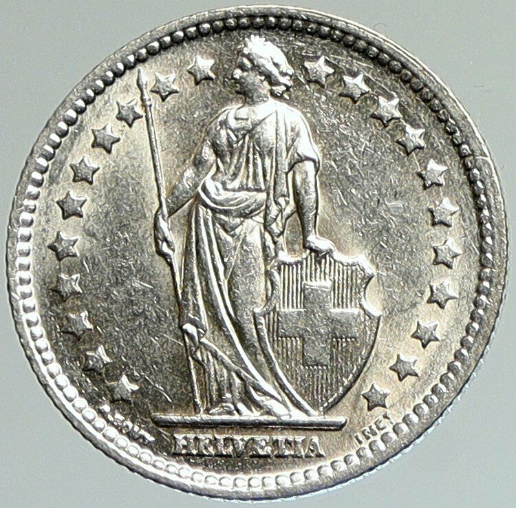 1943 B SWITZERLAND HELVETIA Symbolizes SWISS Nation SILVER 1 Franc Coin i107963