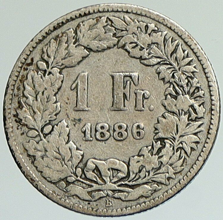 1886 B SWITZERLAND HELVETIA Symbolizes SWISS Nation SILVER 1 Franc Coin i107961