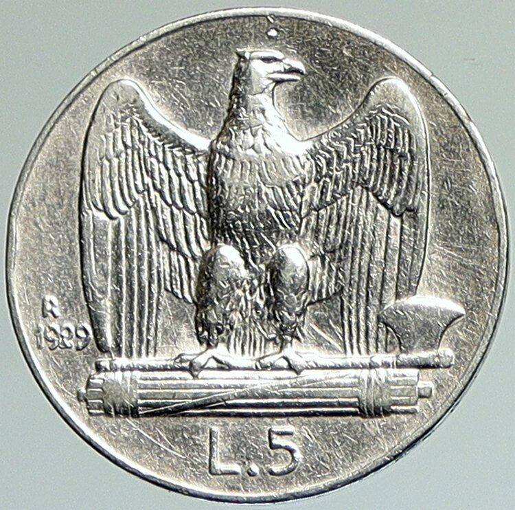 1929 ITALY King Victor Emmanuel III OLD Silver 5 Lire Italian Coin EAGLE i107956