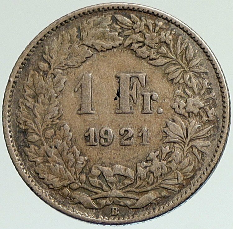 1921 B SWITZERLAND HELVETIA Symbolizes SWISS Nation SILVER 1 Franc Coin i107964