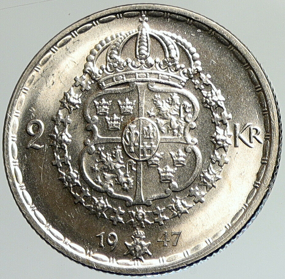 1947 SWEDEN King GUSTAF V Silver Crowned ARMS Vintage OLD 2 Kronor Coin i107976