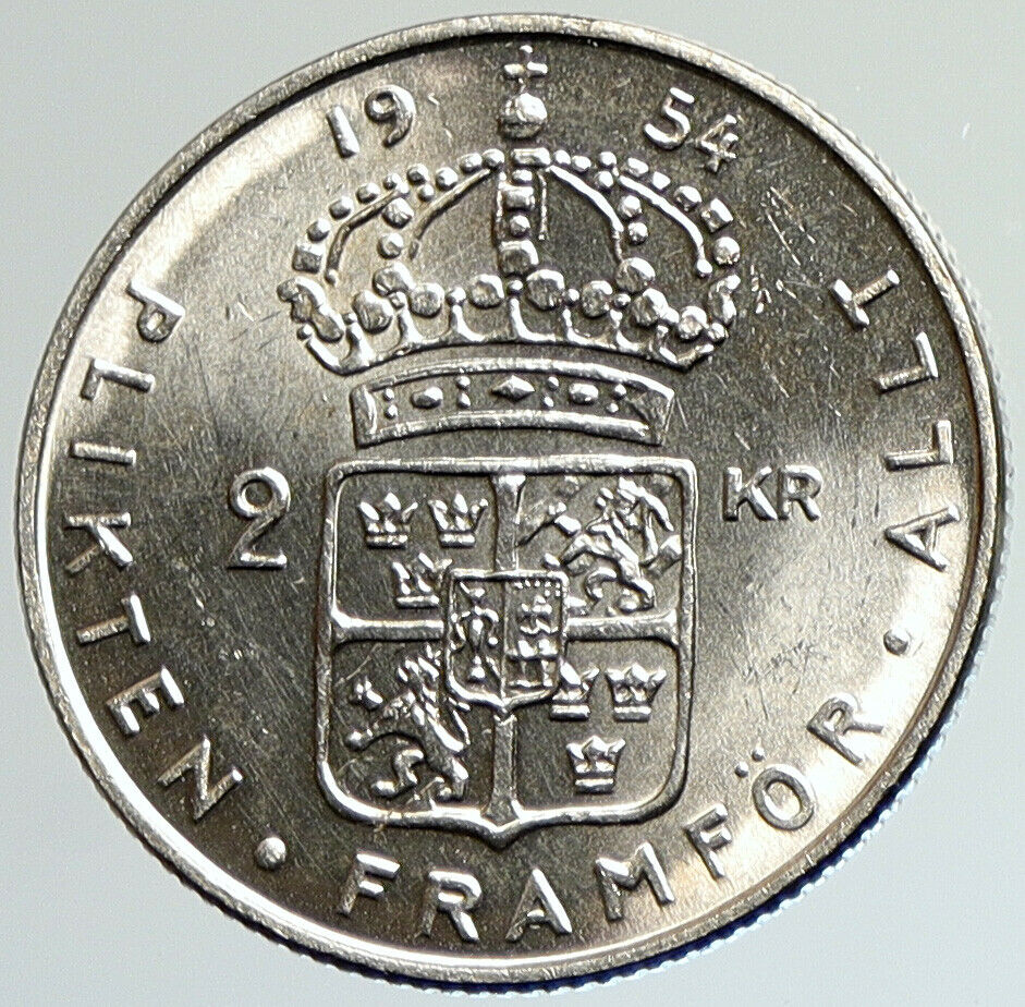 1954 SWEDEN King GUSTAV VI ADOLF 2 Kronor LARGE Old Silver SWEDISH Coin i107971