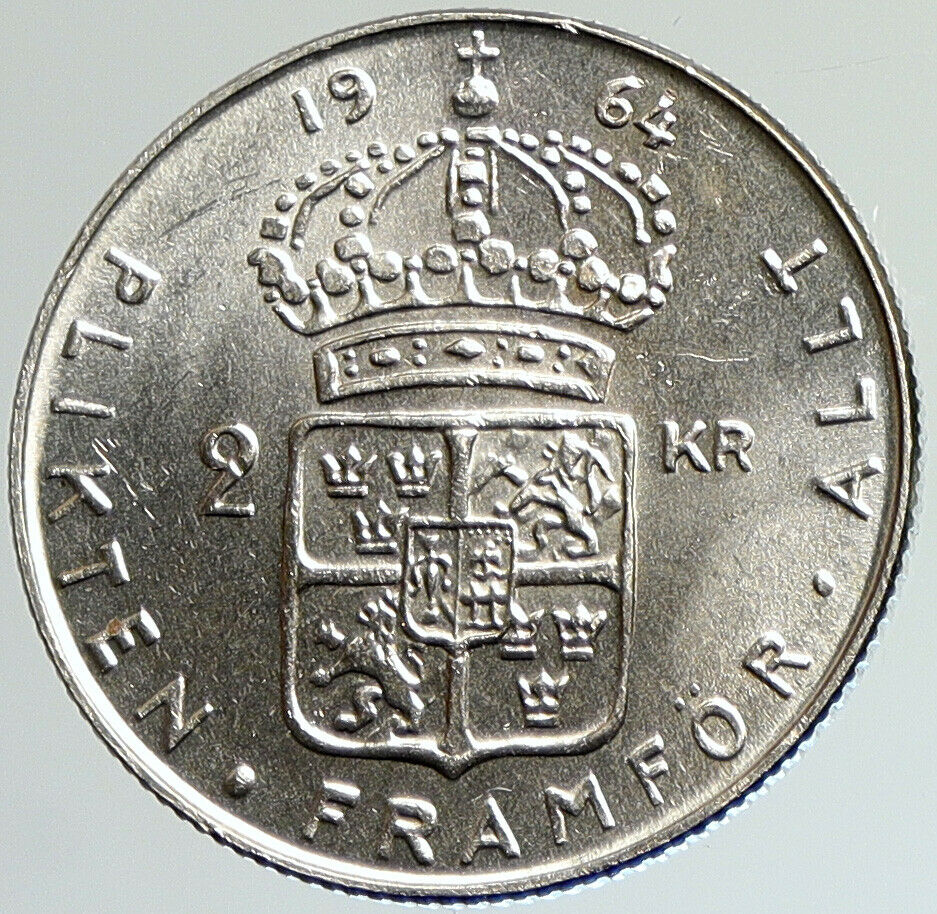 1964 SWEDEN King GUSTAV VI ADOLF 2 Kronor LARGE Silver SWEDISH Coin i107972