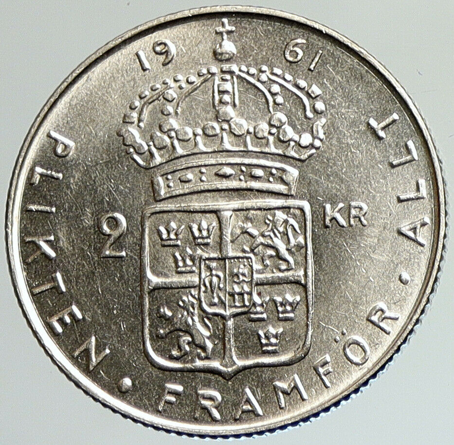 1961 SWEDEN Antique Silver 2 Kronor KING Gustav VI SWEDISH Vintage Coin i107977