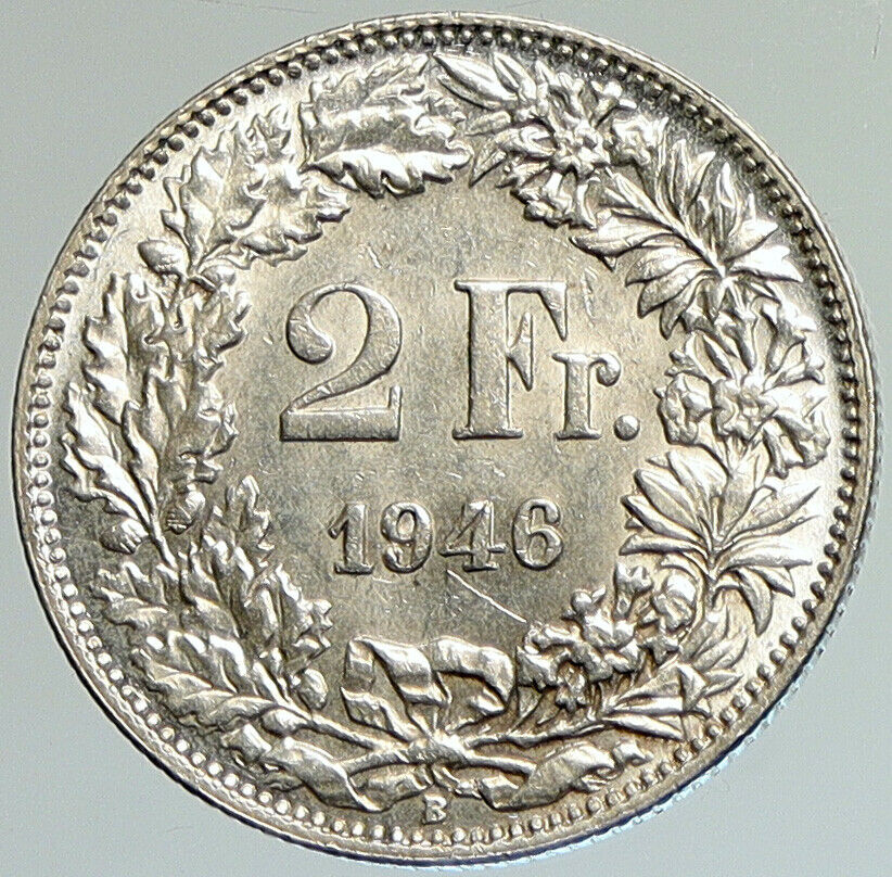 1946 SWITZERLAND - SILVER 2 Francs Coin HELVETIA Symbolizes SWISS Nation i107965