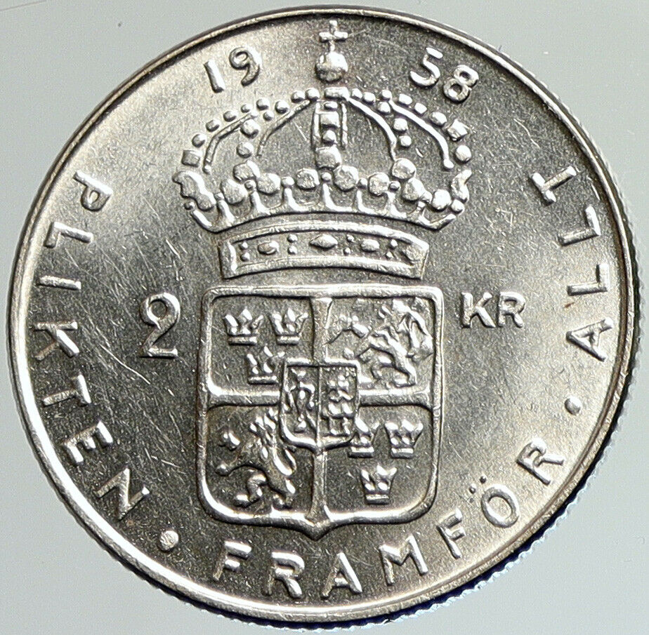 1958 SWEDEN King GUSTAV VI ADOLF 2 Kronor LARGE OLD Silver SWEDISH Coin i107978