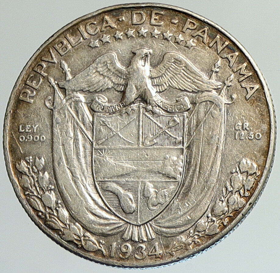 1934 PANAMA Spanish Conquistador Hero VINTAGE Old Silver 1/2 BALBOA Coin i107975