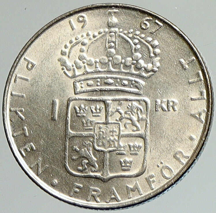 1967 SWEDEN Antique Silver 1 Krona w KING Gustav VI SWEDISH Vintage Coin i107981