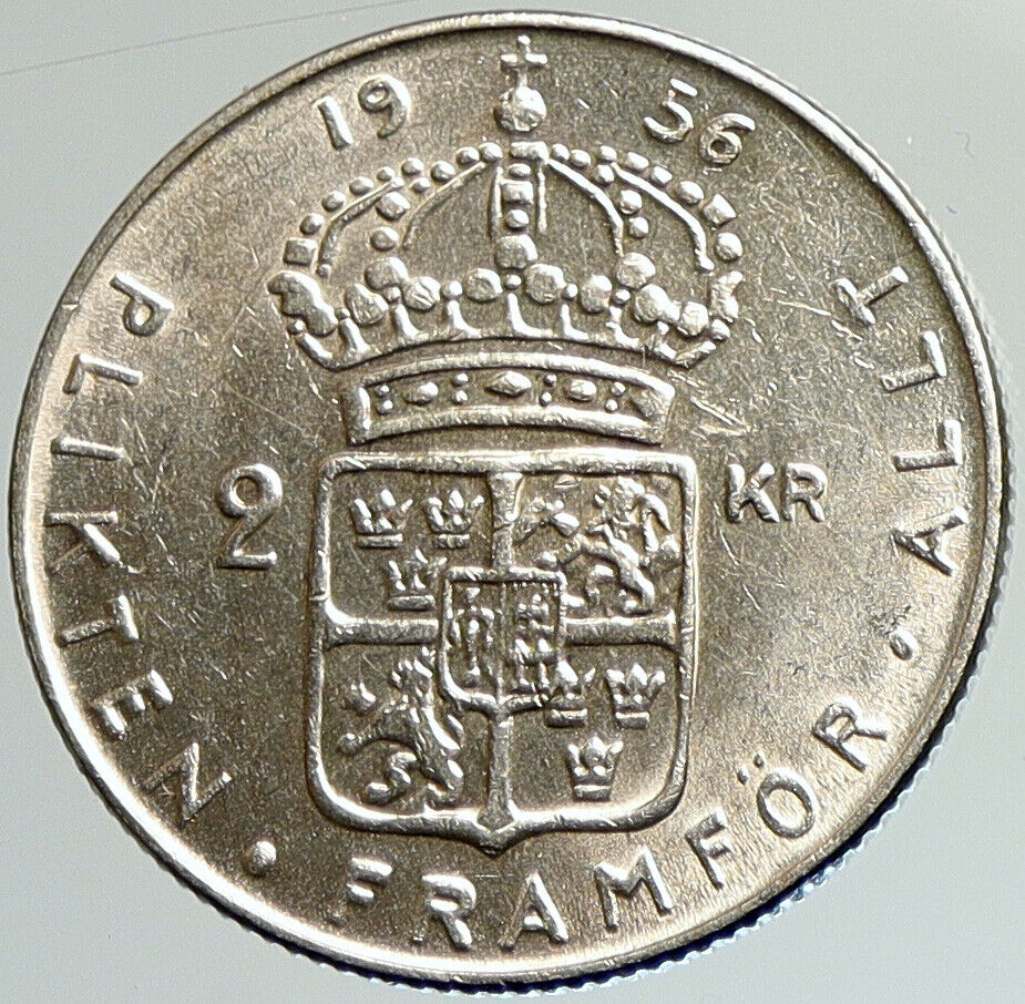 1956 SWEDEN King GUSTAV VI ADOLF 2 Kronor OLD Silver SWEDISH Coin i107979