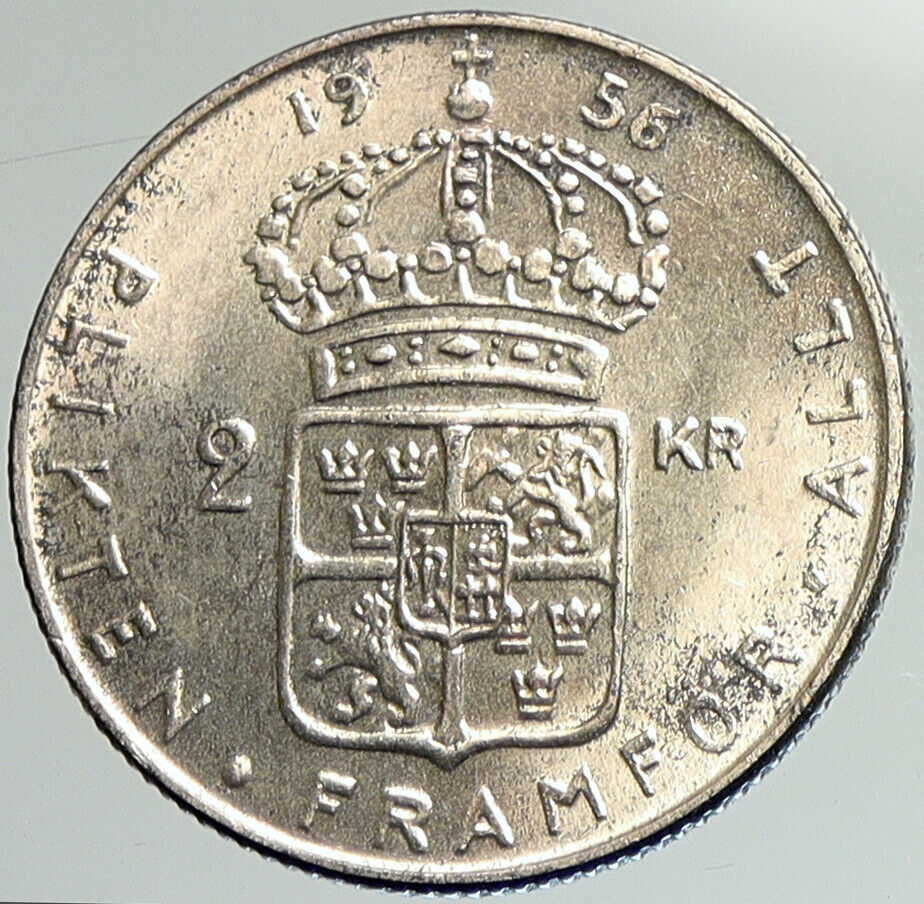 1956 SWEDEN King GUSTAV VI ADOLF 2 Kronor OLD Silver SWEDISH Coin i107980