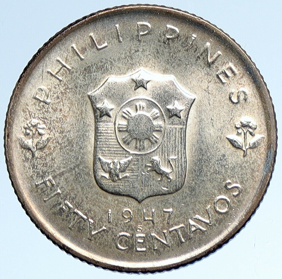 1947S PHILIPPINES US WWII DOUGLAS MACARTHUR Old 50 Centavos Silver Coin i107438