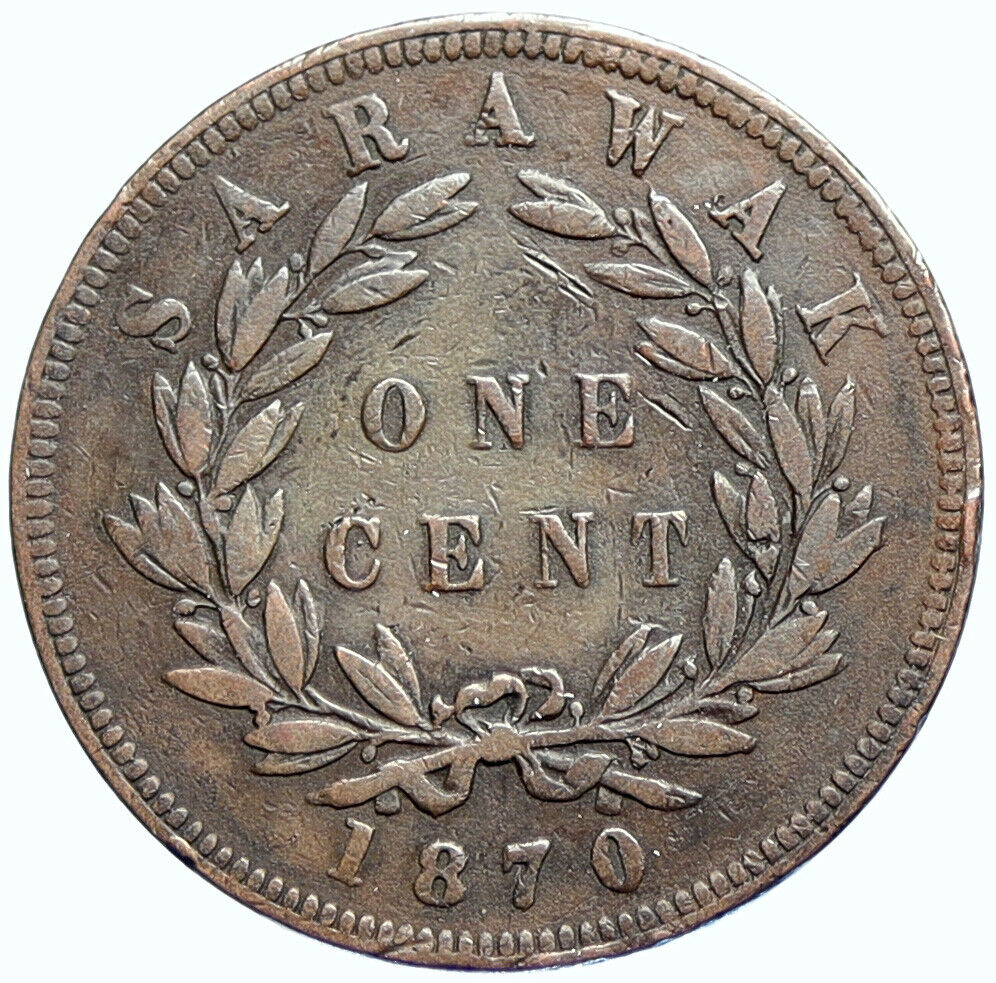 1870 SARAWAK Malaysia CHARLES BROOKE Authentic Antique OLD 1 Cent Coin i107440