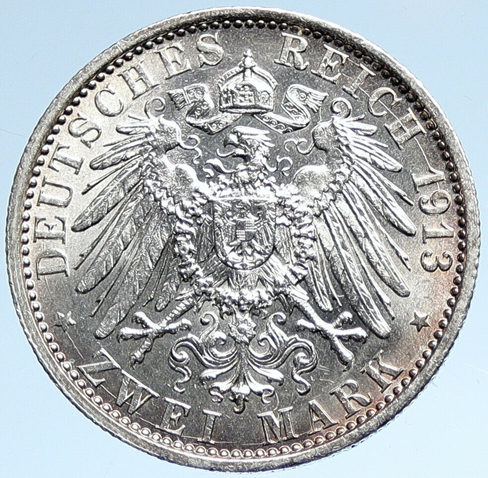 1913 A PRUSSIA KINGDOM Germany WILHELM II Old Silver 2 Mark German Coin i107421