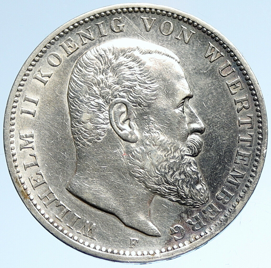 1909 F Germany GERMAN STATES Wurttemberg WILHELM II Silver 3 Mark Coin i107439